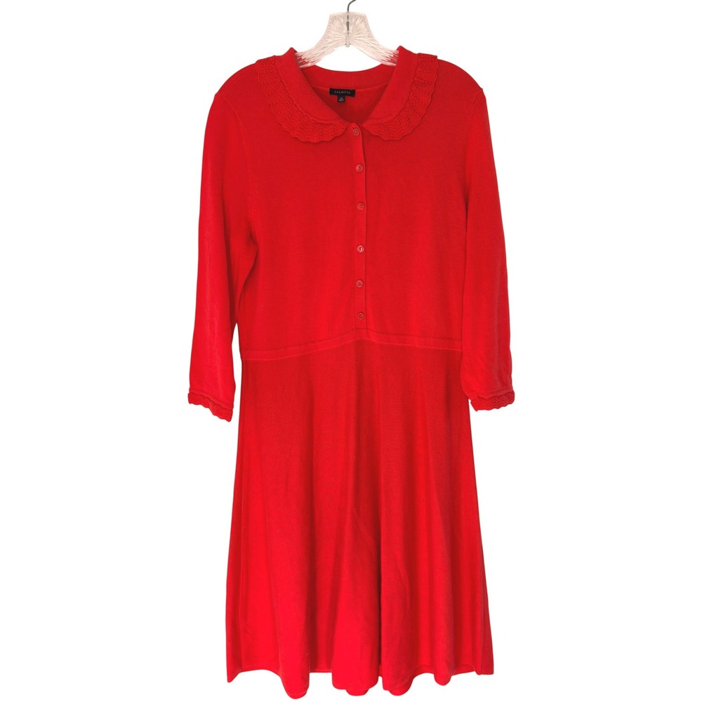Talbots Ruffle Collar Sweater Midi Dress Red Knit Button Front Feminine Medium
